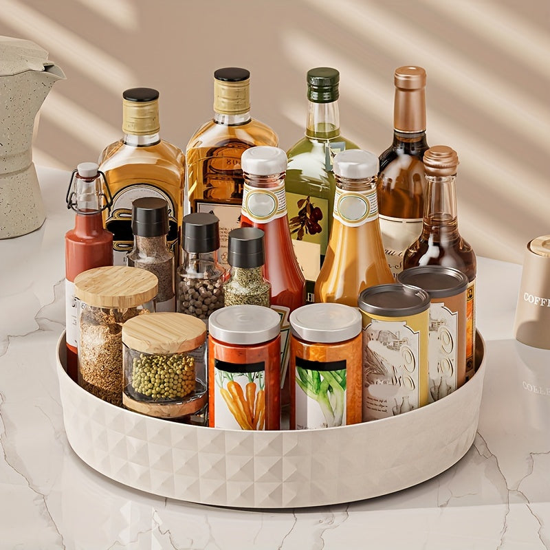 A convenient rotating spice rack organizer designed for holding seasonings on your countertop. This corner shelf storage solution is perfect for keeping all your plastic kitchen utensils and cosmetics in one handy tray. Great for organizing essentials in