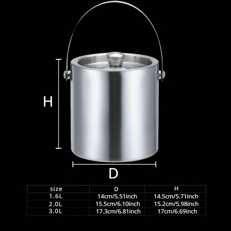 Изолированный ведерко для льда из нержавеющей стали доступно в размерах 1,6 л, 2 л и 3 л. Идеально подходит для поддержания холодными вина, пива и шампанского на вечеринках, барбекю и пляжных пикниках.