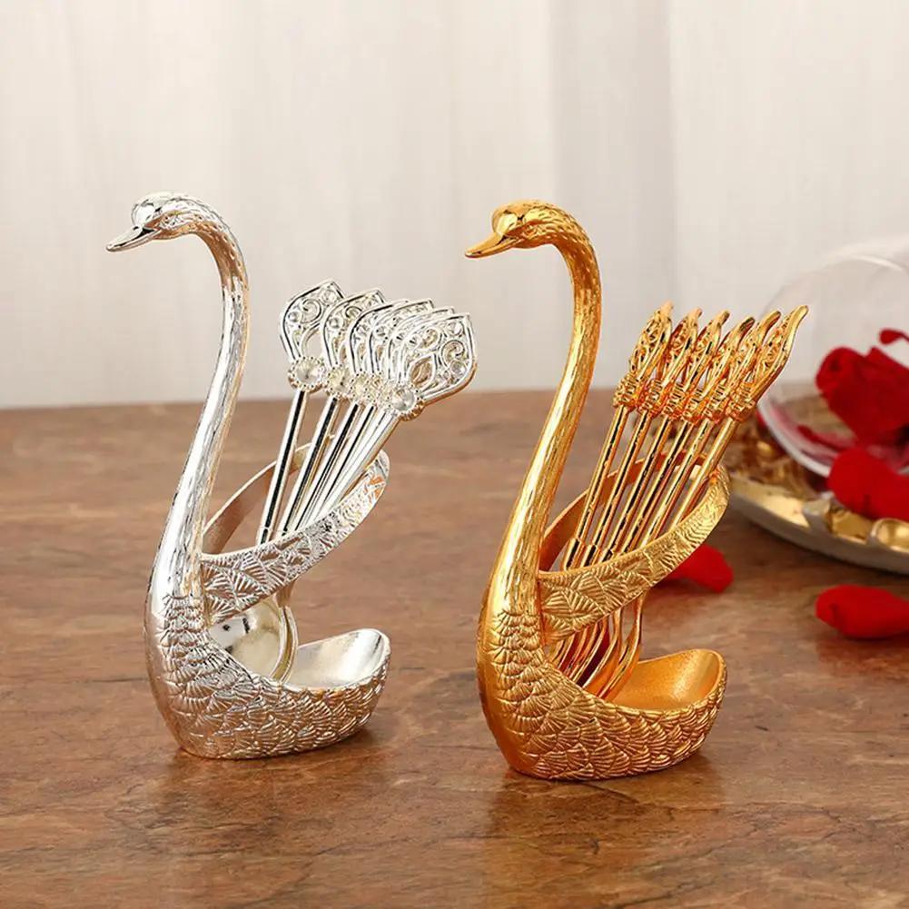 Swan Spoon Holder Coffee Spoon Set with 6 Spoons - Golden Stainless Steel Creative Tableware for Coffee, Fruit, and Desserts