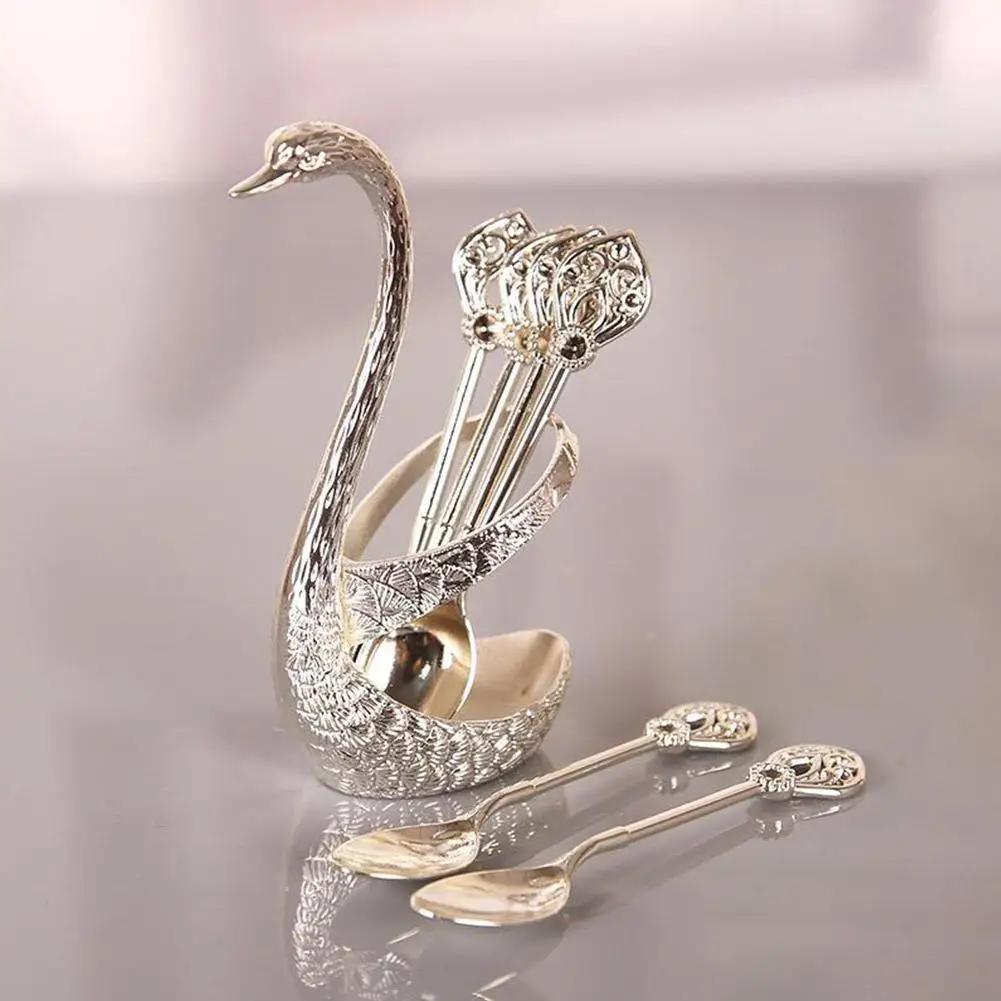 Swan Spoon Holder Coffee Spoon Set with 6 Spoons - Golden Stainless Steel Creative Tableware for Coffee, Fruit, and Desserts