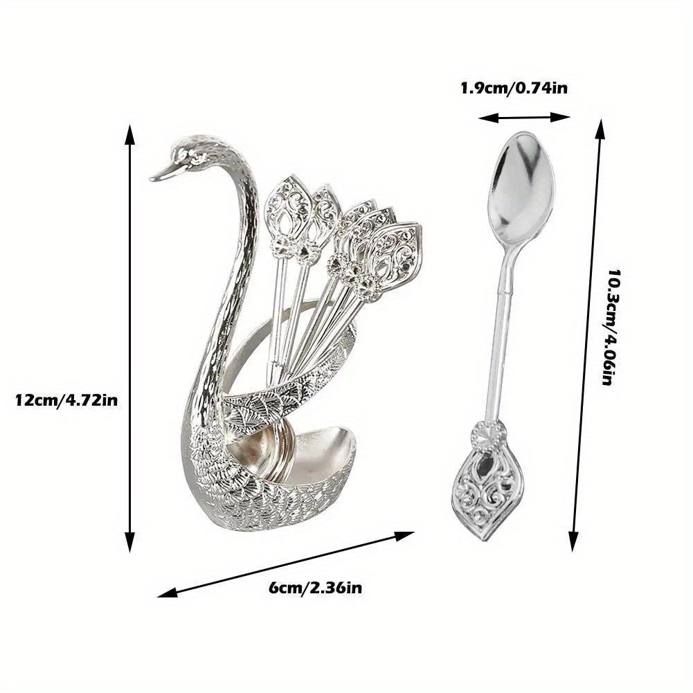 Swan Spoon Holder Coffee Spoon Set with 6 Spoons - Golden Stainless Steel Creative Tableware for Coffee, Fruit, and Desserts