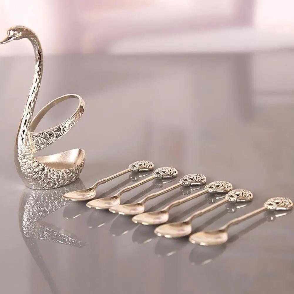 Swan Spoon Holder Coffee Spoon Set with 6 Spoons - Golden Stainless Steel Creative Tableware for Coffee, Fruit, and Desserts