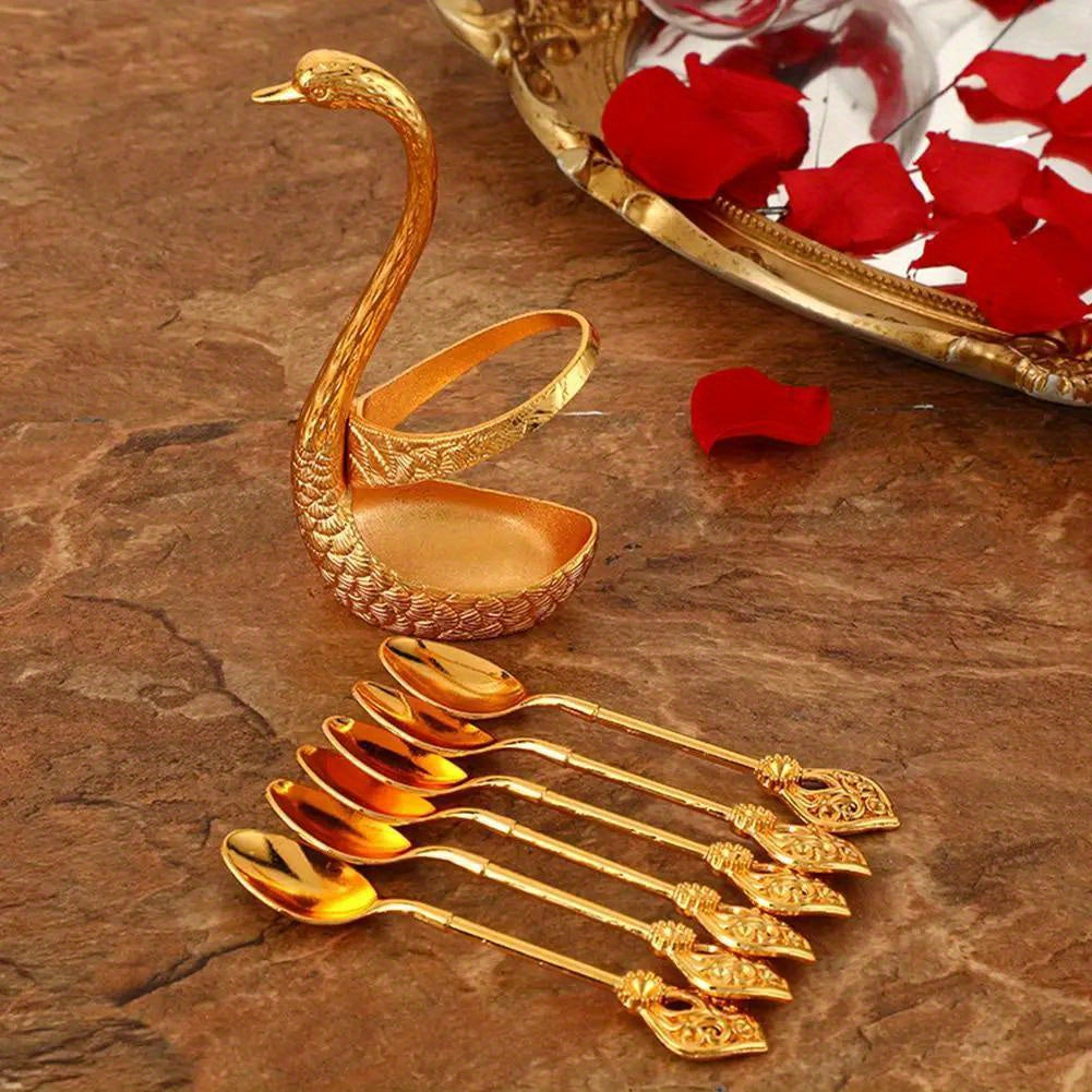 Swan Spoon Holder Coffee Spoon Set with 6 Spoons - Golden Stainless Steel Creative Tableware for Coffee, Fruit, and Desserts