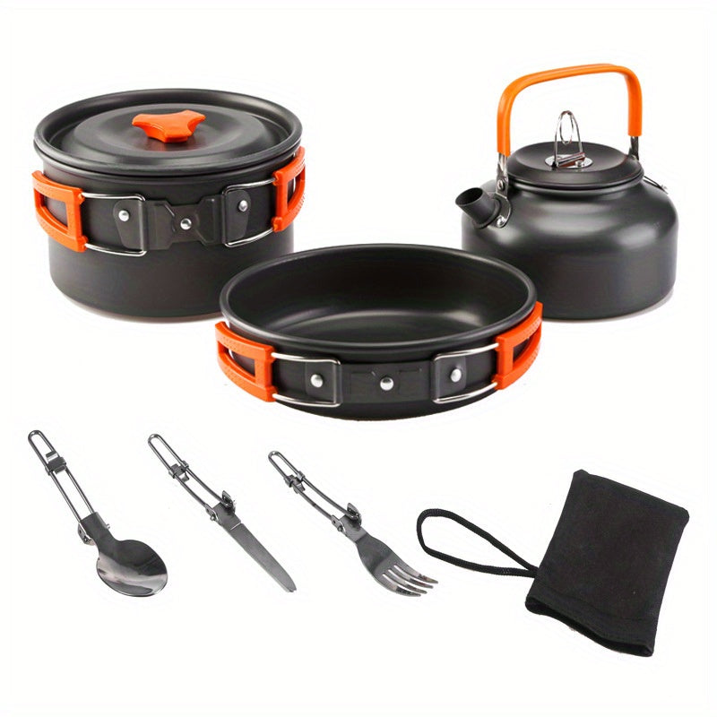 This versatile camping cookware set is made of lightweight aluminum and includes a pot, pan, and teapot, along with foldable utensils for 2-3 people. Ideal for hiking, BBQs, and picnics, this portable set is a must-have for outdoor adventures.