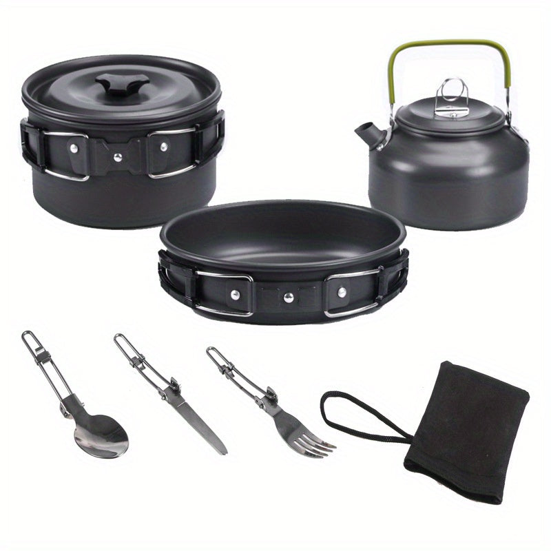 This versatile camping cookware set is made of lightweight aluminum and includes a pot, pan, and teapot, along with foldable utensils for 2-3 people. Ideal for hiking, BBQs, and picnics, this portable set is a must-have for outdoor adventures.