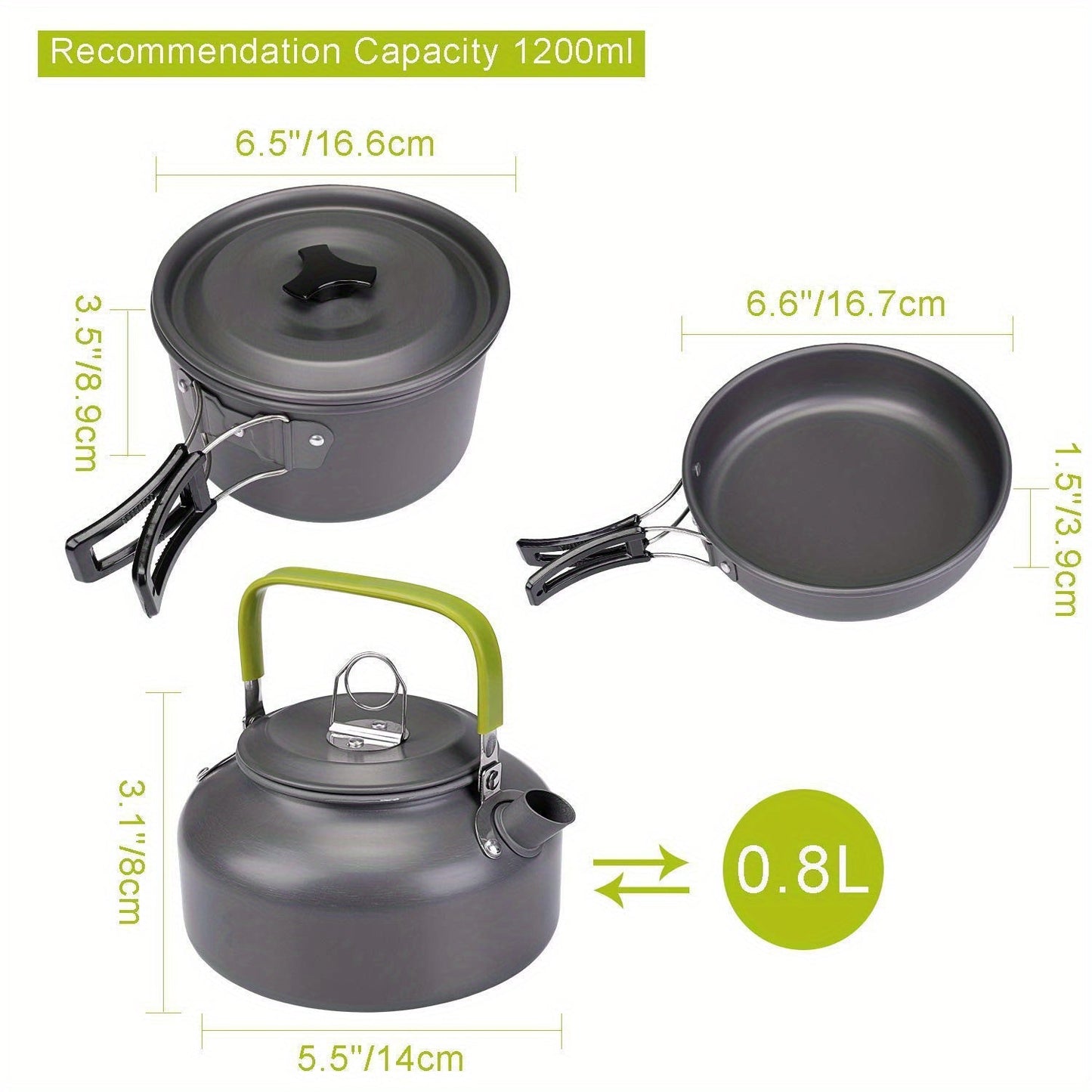 This versatile camping cookware set is made of lightweight aluminum and includes a pot, pan, and teapot, along with foldable utensils for 2-3 people. Ideal for hiking, BBQs, and picnics, this portable set is a must-have for outdoor adventures.