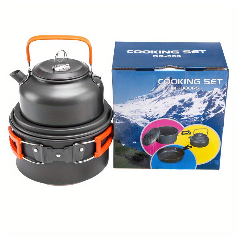 This versatile camping cookware set is made of lightweight aluminum and includes a pot, pan, and teapot, along with foldable utensils for 2-3 people. Ideal for hiking, BBQs, and picnics, this portable set is a must-have for outdoor adventures.