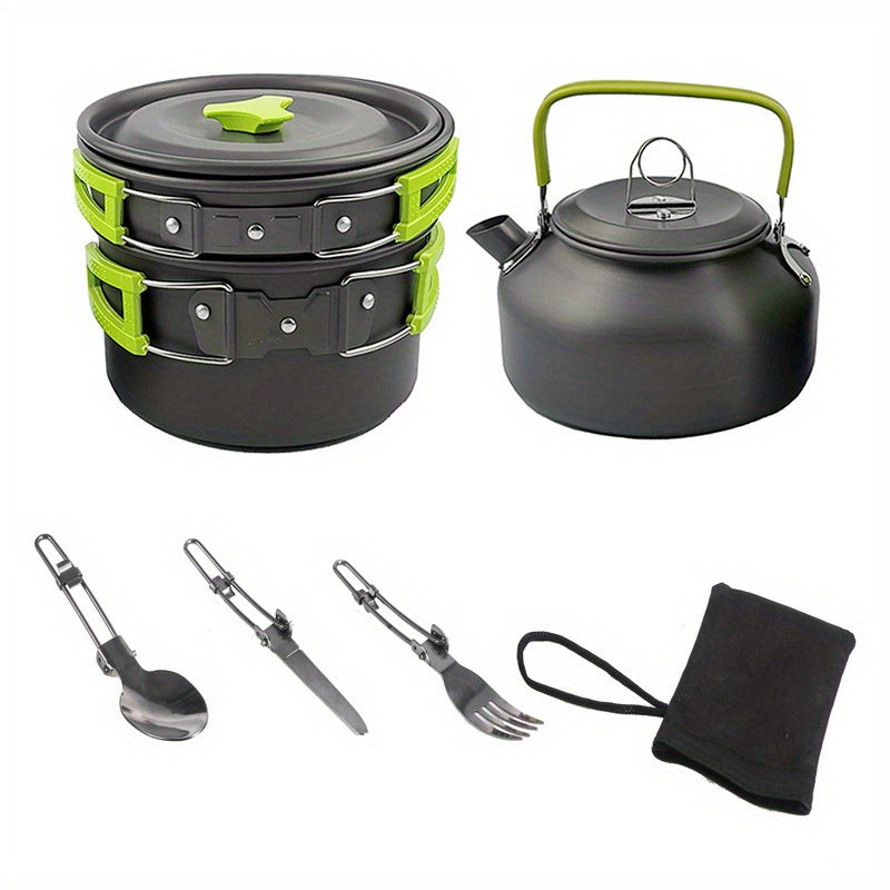 This versatile camping cookware set is made of lightweight aluminum and includes a pot, pan, and teapot, along with foldable utensils for 2-3 people. Ideal for hiking, BBQs, and picnics, this portable set is a must-have for outdoor adventures.