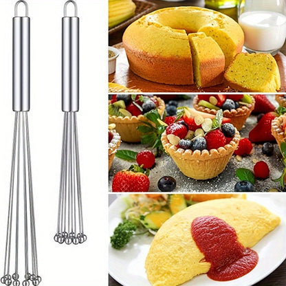 The Stainless Steel Egg Beater Whisk is a manual kitchen whisk set perfect for cooking, mixing, and stirring. This durable whisk requires no electricity to use.