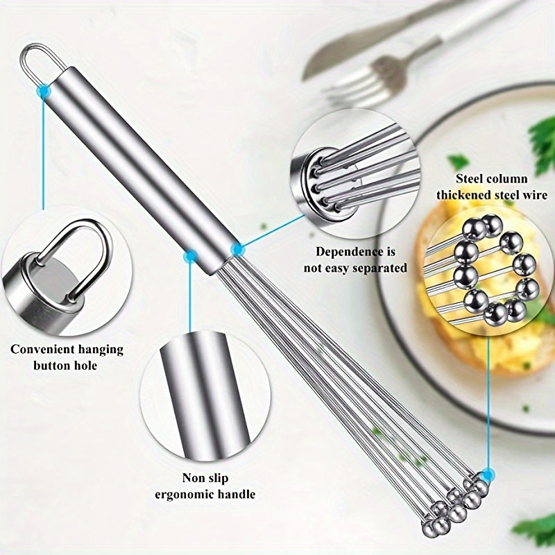 The Stainless Steel Egg Beater Whisk is a manual kitchen whisk set perfect for cooking, mixing, and stirring. This durable whisk requires no electricity to use.