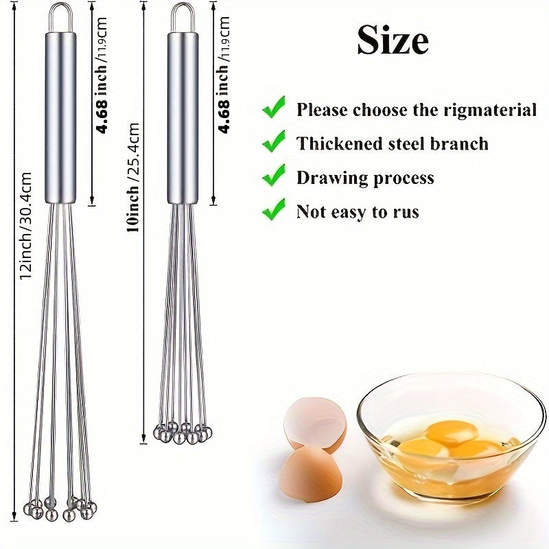 The Stainless Steel Egg Beater Whisk is a manual kitchen whisk set perfect for cooking, mixing, and stirring. This durable whisk requires no electricity to use.