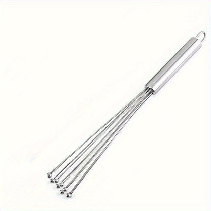 The Stainless Steel Egg Beater Whisk is a manual kitchen whisk set perfect for cooking, mixing, and stirring. This durable whisk requires no electricity to use.