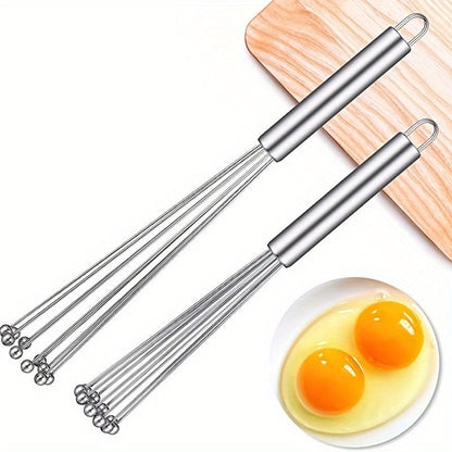 The Stainless Steel Egg Beater Whisk is a manual kitchen whisk set perfect for cooking, mixing, and stirring. This durable whisk requires no electricity to use.