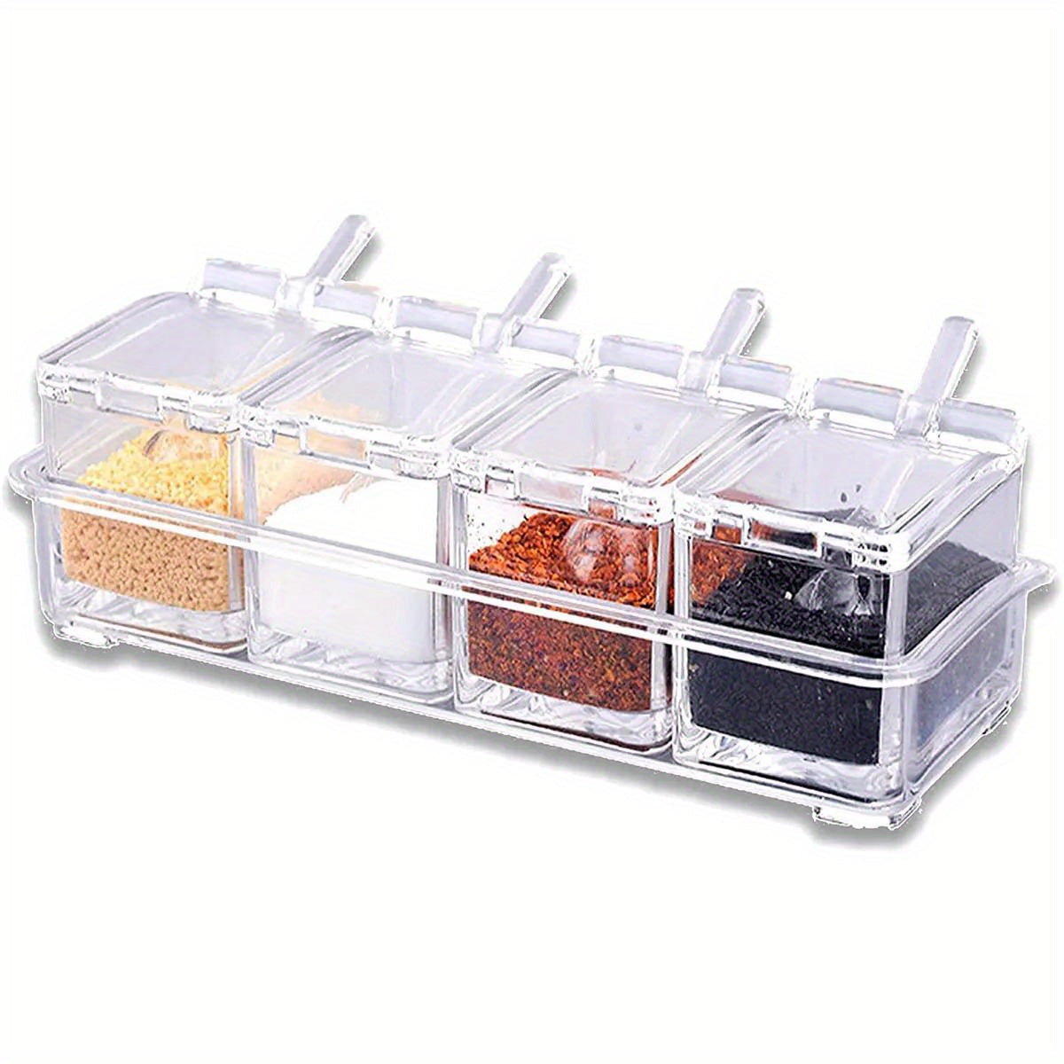 Organize your spices with ease using this 4-in-1 set of clear acrylic spice organizers. Each container comes with a lid and serving spoon, making it perfect for storing salt, sugar, and other seasonings. This space-saving kitchen storage solution will