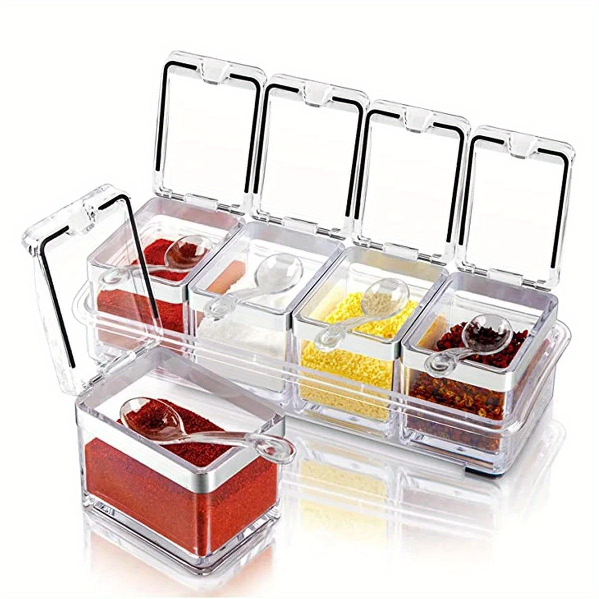 Organize your spices with ease using this 4-in-1 set of clear acrylic spice organizers. Each container comes with a lid and serving spoon, making it perfect for storing salt, sugar, and other seasonings. This space-saving kitchen storage solution will