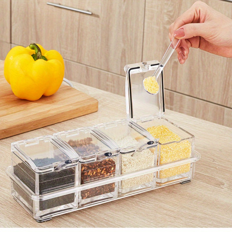 Organize your spices with ease using this 4-in-1 set of clear acrylic spice organizers. Each container comes with a lid and serving spoon, making it perfect for storing salt, sugar, and other seasonings. This space-saving kitchen storage solution will