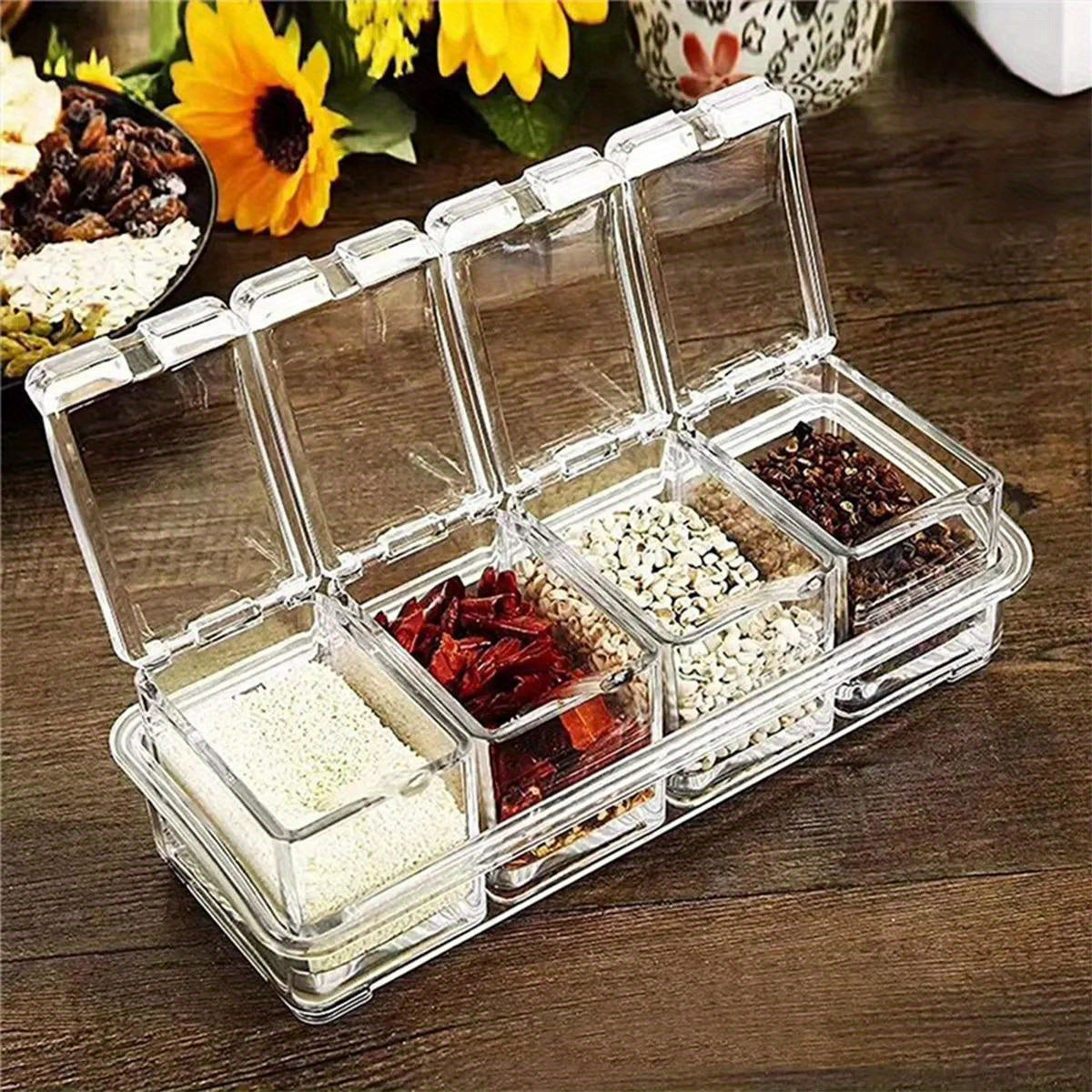 Organize your spices with ease using this 4-in-1 set of clear acrylic spice organizers. Each container comes with a lid and serving spoon, making it perfect for storing salt, sugar, and other seasonings. This space-saving kitchen storage solution will