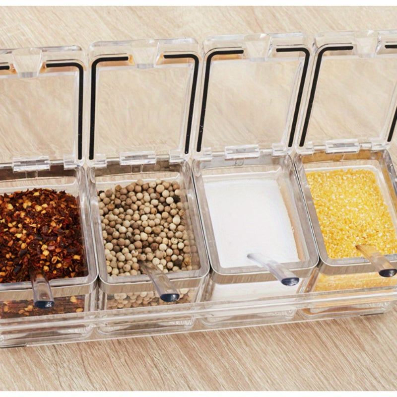 Organize your spices with ease using this 4-in-1 set of clear acrylic spice organizers. Each container comes with a lid and serving spoon, making it perfect for storing salt, sugar, and other seasonings. This space-saving kitchen storage solution will