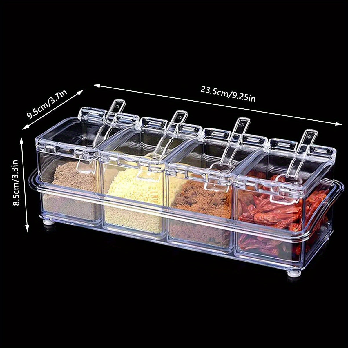 Organize your spices with ease using this 4-in-1 set of clear acrylic spice organizers. Each container comes with a lid and serving spoon, making it perfect for storing salt, sugar, and other seasonings. This space-saving kitchen storage solution will