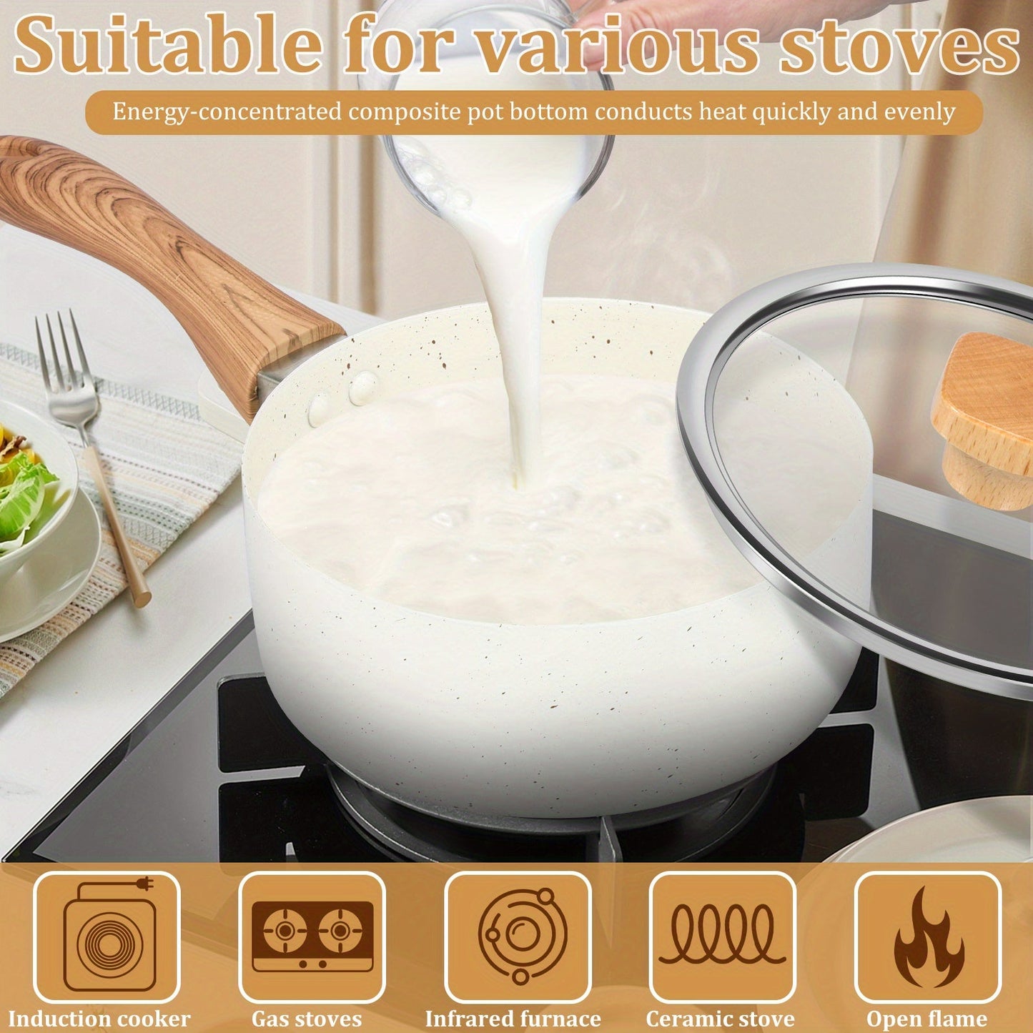 Portable induction cooking sauce pot made of stainless steel with a capacity of 1.2L, featuring a non-stick interior, tempered glass lid, anti-scald handle, even heat conduction, and dishwasher-safe design.