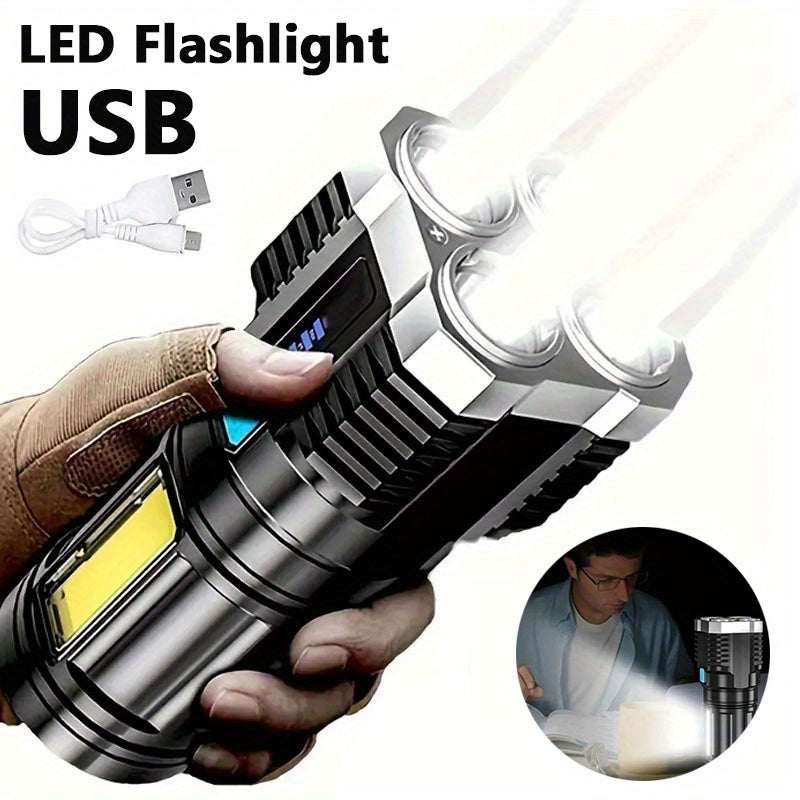 USB rechargeable LED flashlight with COB side light, 1200/800/400mAh, powerful and portable, great for outdoor activities, includes USB cable.