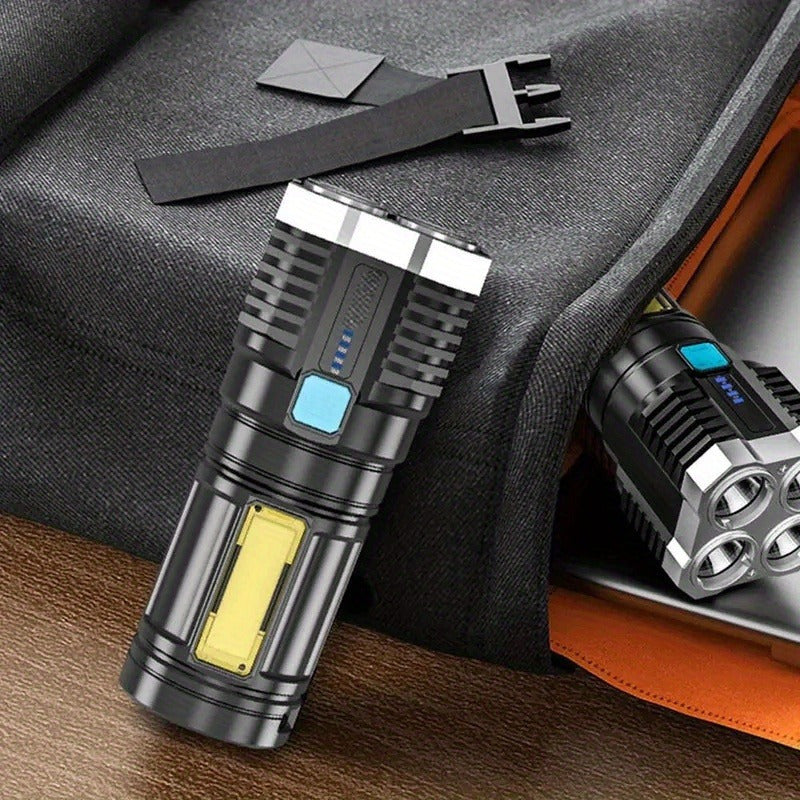 USB rechargeable LED flashlight with COB side light, 1200/800/400mAh, powerful and portable, great for outdoor activities, includes USB cable.