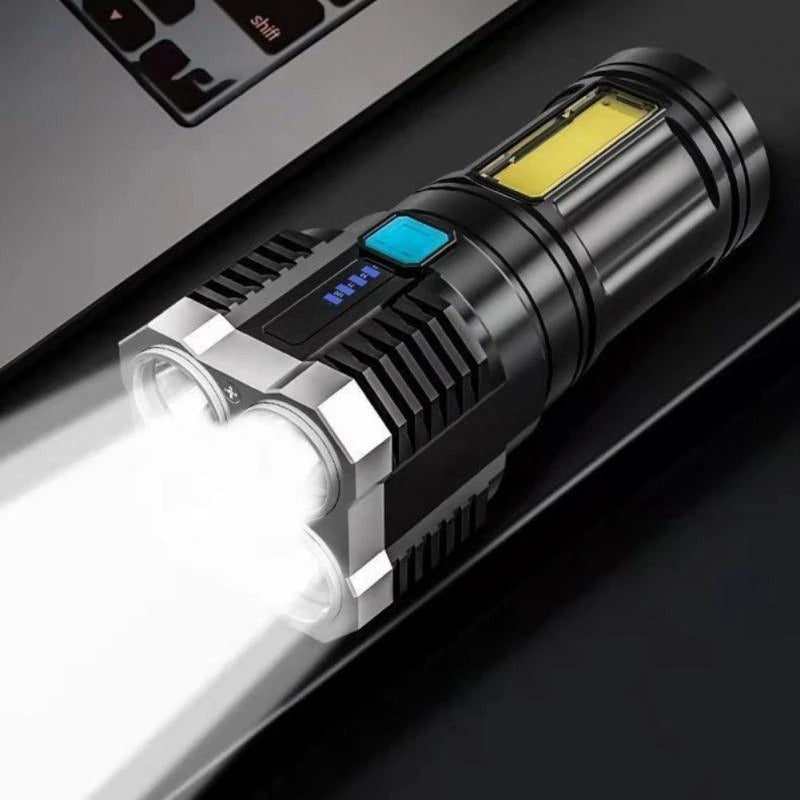 USB rechargeable LED flashlight with COB side light, 1200/800/400mAh, powerful and portable, great for outdoor activities, includes USB cable.