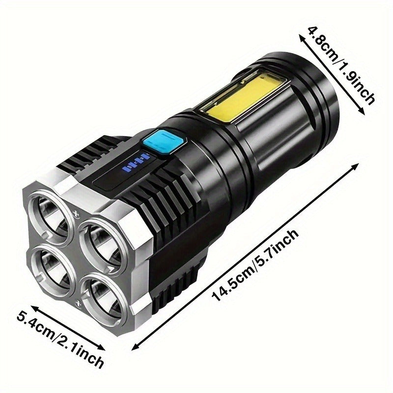 USB rechargeable LED flashlight with COB side light, 1200/800/400mAh, powerful and portable, great for outdoor activities, includes USB cable.