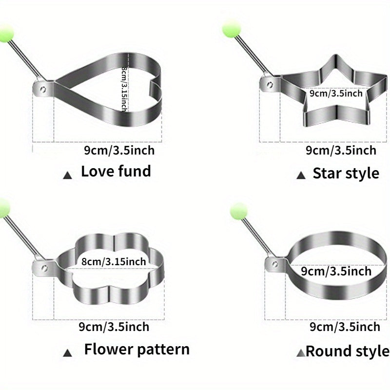 Set of 4 stainless steel egg molds for shaping breakfast at home. Includes heart, star, flower, and round shapes.