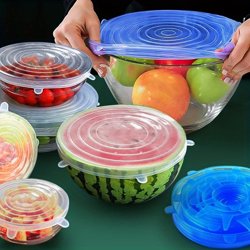 6-piece Set of Silicone Stretch Lids - Fits Various Bowl and Container Sizes - Long-lasting, Safe for Dishwasher and Refrigerator Use - Preserve Food Freshness and Cut Costs