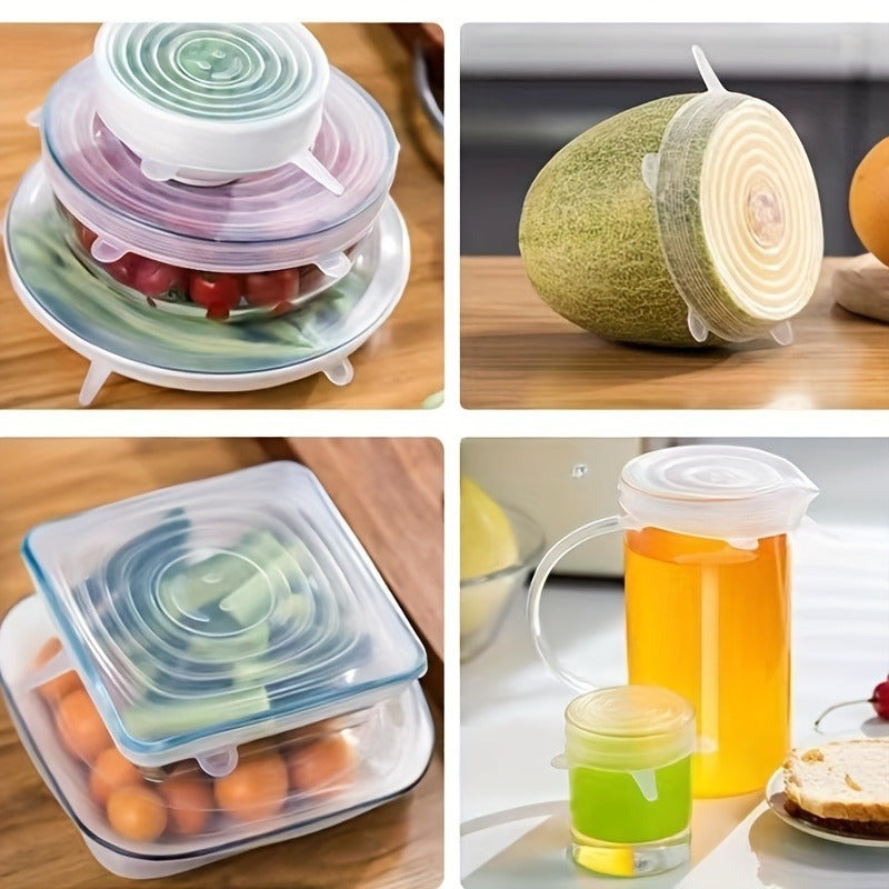 6-piece Set of Silicone Stretch Lids - Fits Various Bowl and Container Sizes - Long-lasting, Safe for Dishwasher and Refrigerator Use - Preserve Food Freshness and Cut Costs