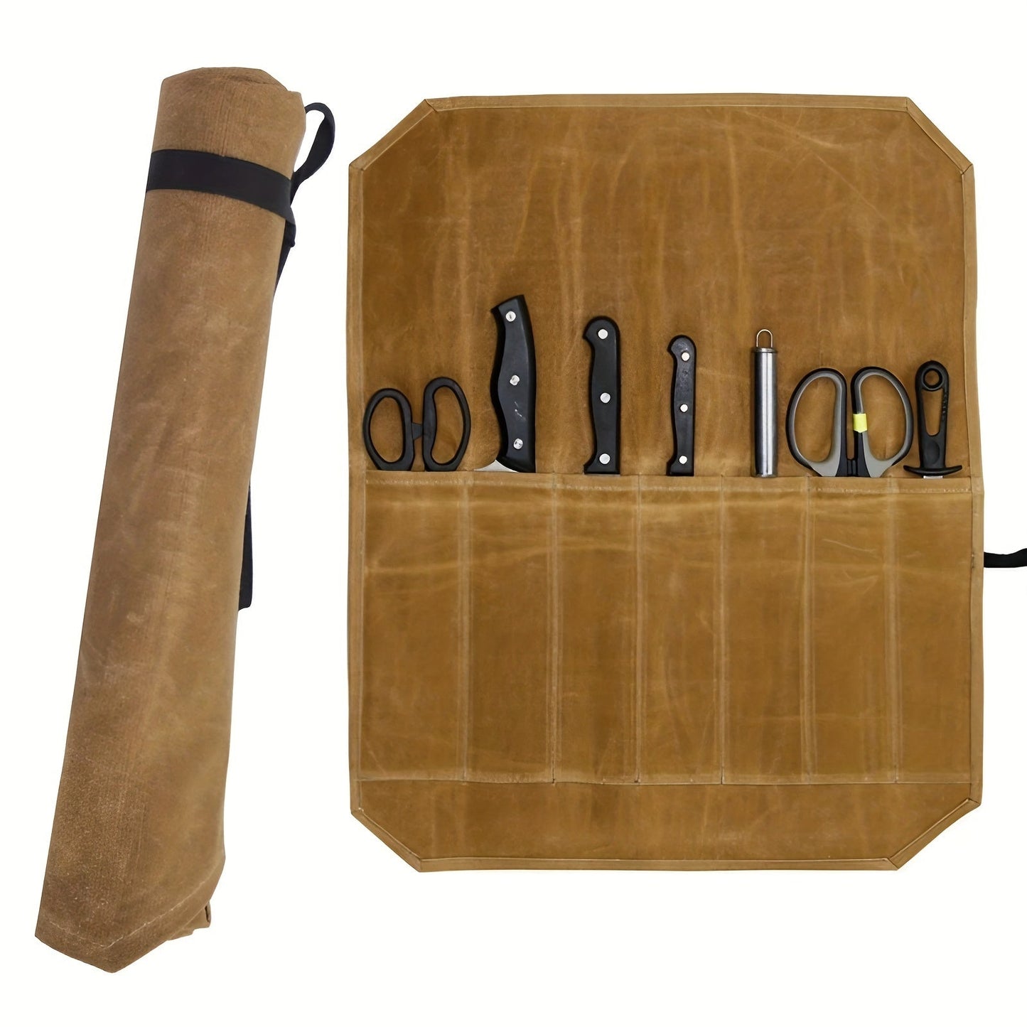 Durable PU Leather Chef Knife Roll Bag with 6 Slots - Secure Storage and Transport for Kitchen Knives and Utensils, Heavy-Duty Protection and Organization.