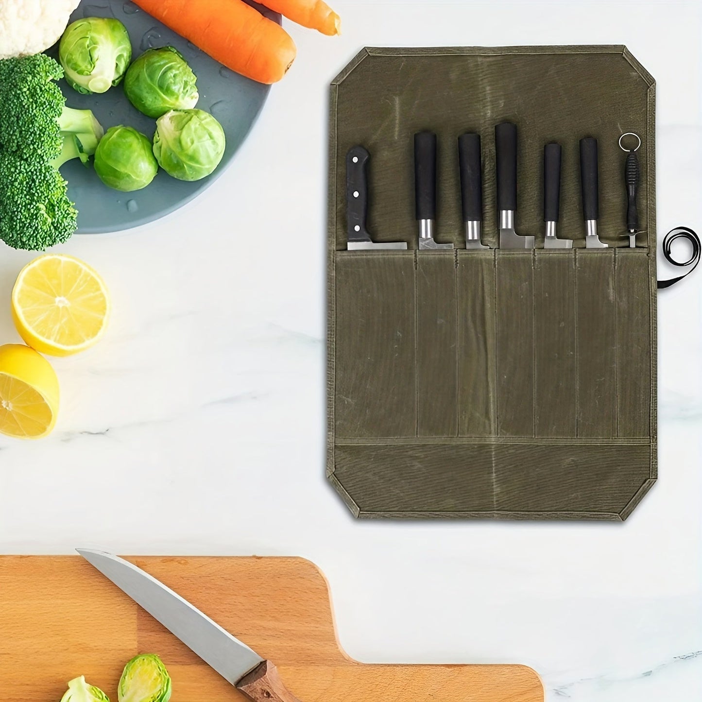 Durable PU Leather Chef Knife Roll Bag with 6 Slots - Secure Storage and Transport for Kitchen Knives and Utensils, Heavy-Duty Protection and Organization.