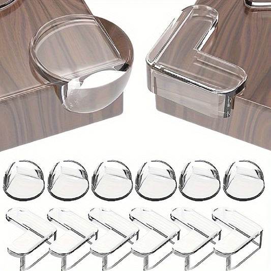 12 transparent silicone corner guards with strong adhesive for furniture edges, available in L-shaped or round options.