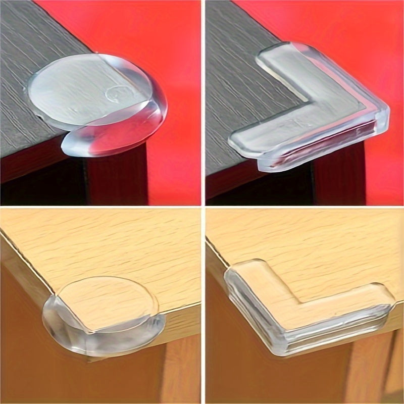 12 transparent silicone corner guards with strong adhesive for furniture edges, available in L-shaped or round options.