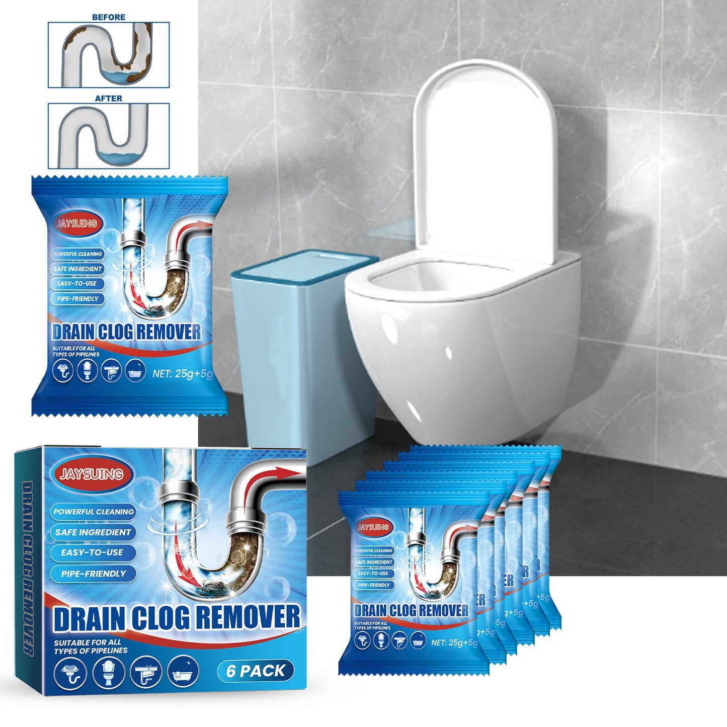 Remove blockages easily with our pipe unblocker and cleaning powders - perfect for tackling clogs in toilets, kitchens, and sewer drains.