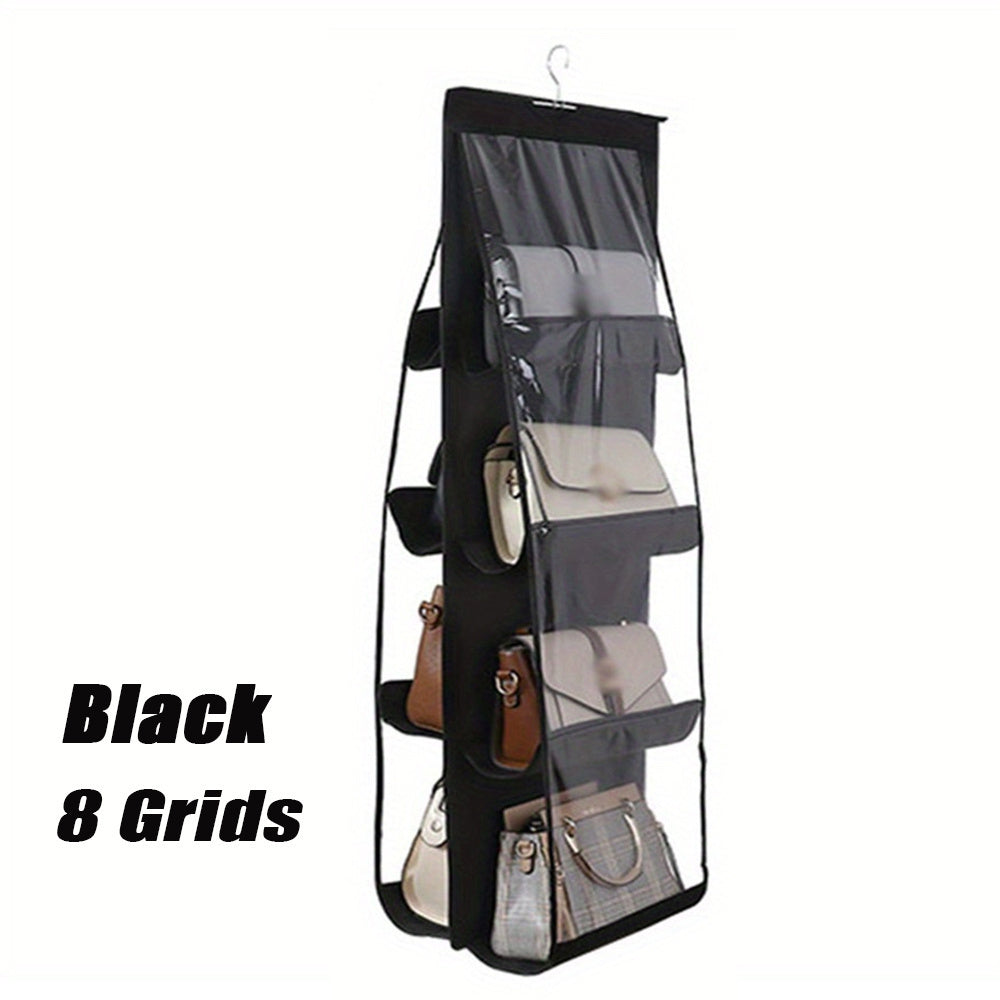 8-Pocket Hanging Handbag Organizer made of unscented Oxford cloth with a foldable design for space-saving in wardrobe.