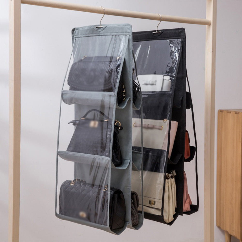 8-Pocket Hanging Handbag Organizer made of unscented Oxford cloth with a foldable design for space-saving in wardrobe.