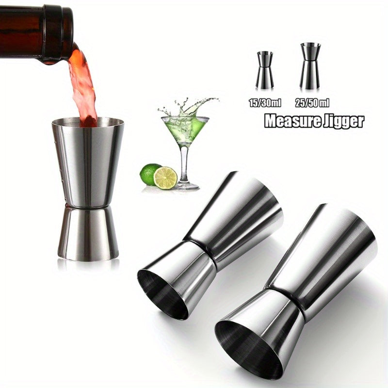 Stainless steel measuring cup with cocktail shaker, peg measurer/jigger, double drink alcohol measuring tool - kitchen gadgets.