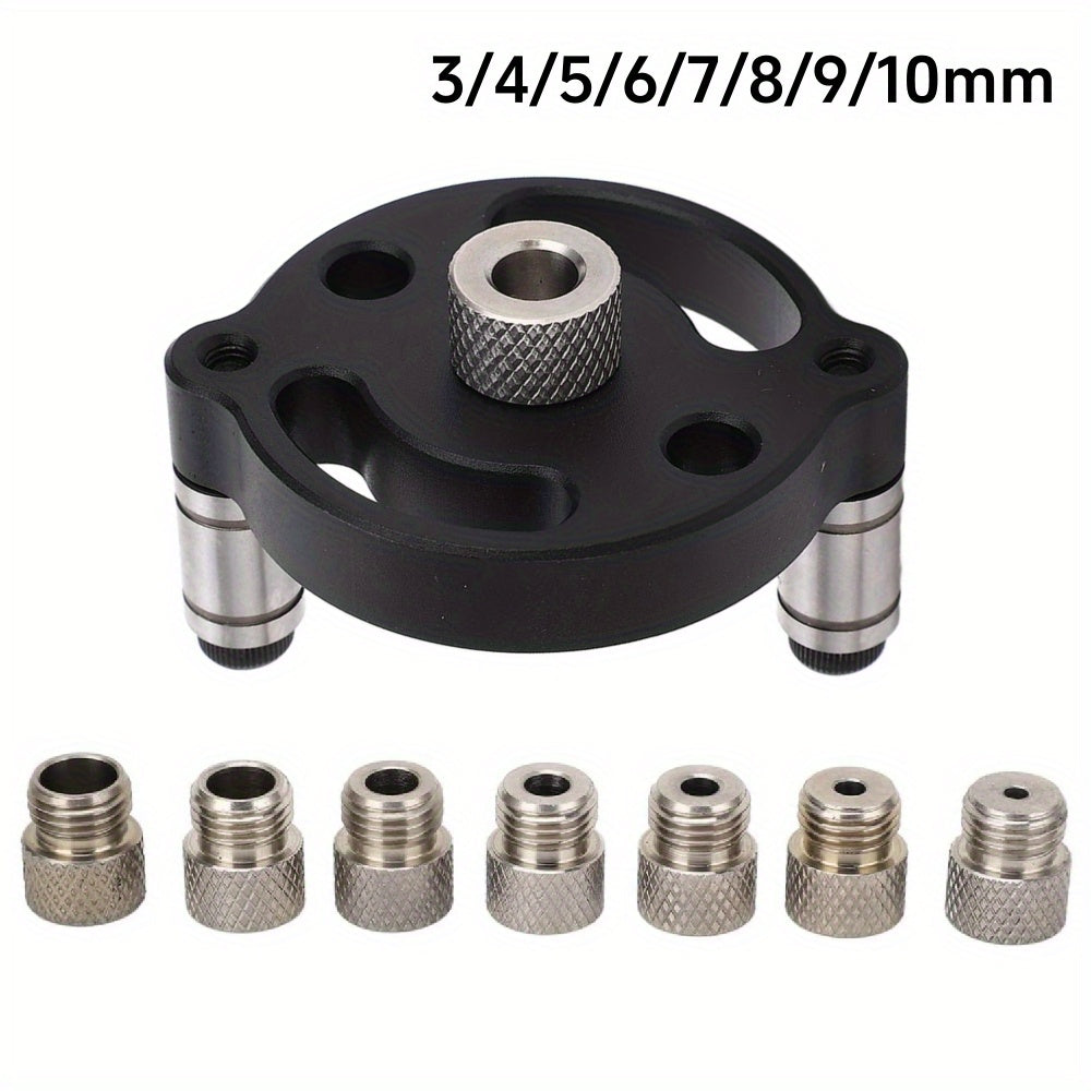 Self-centering doweling jig for straight holes in wood panels, handheld drill guide for woodworking joints.