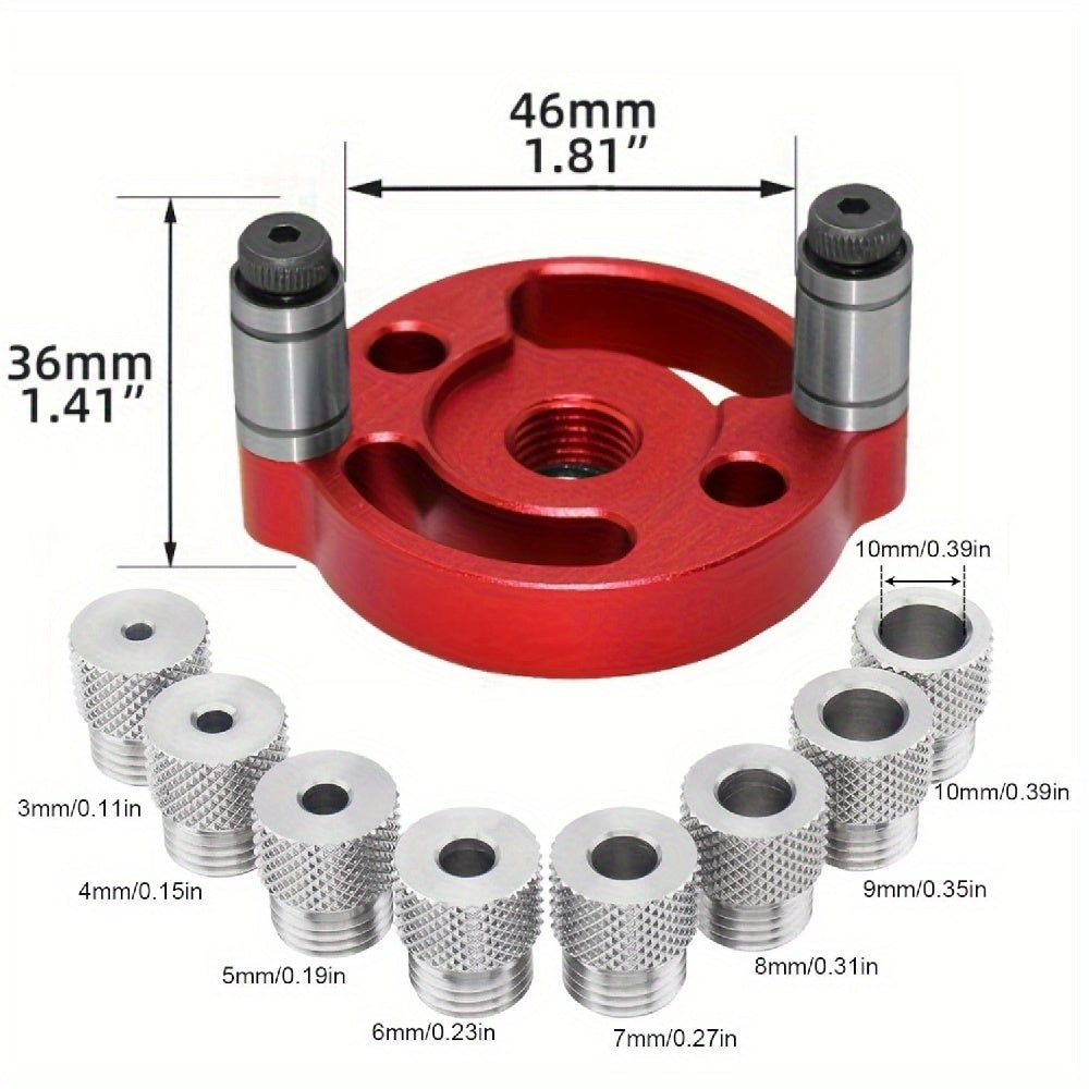 Self-centering doweling jig for straight holes in wood panels, handheld drill guide for woodworking joints.