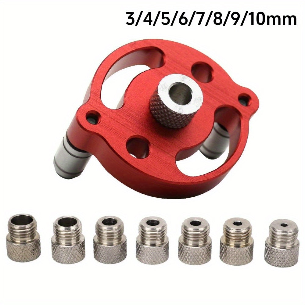 Self-centering doweling jig for straight holes in wood panels, handheld drill guide for woodworking joints.