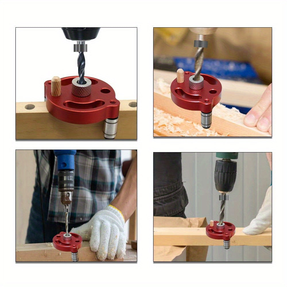 Self-centering doweling jig for straight holes in wood panels, handheld drill guide for woodworking joints.