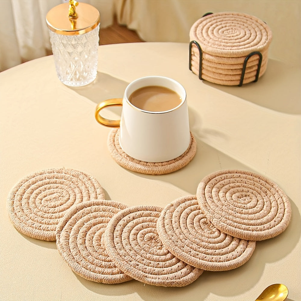 Set of 6 Handwoven Brown Table Mats & Coasters - Kitchen and Dining Accessories, Non-Slip and Heat-Resistant