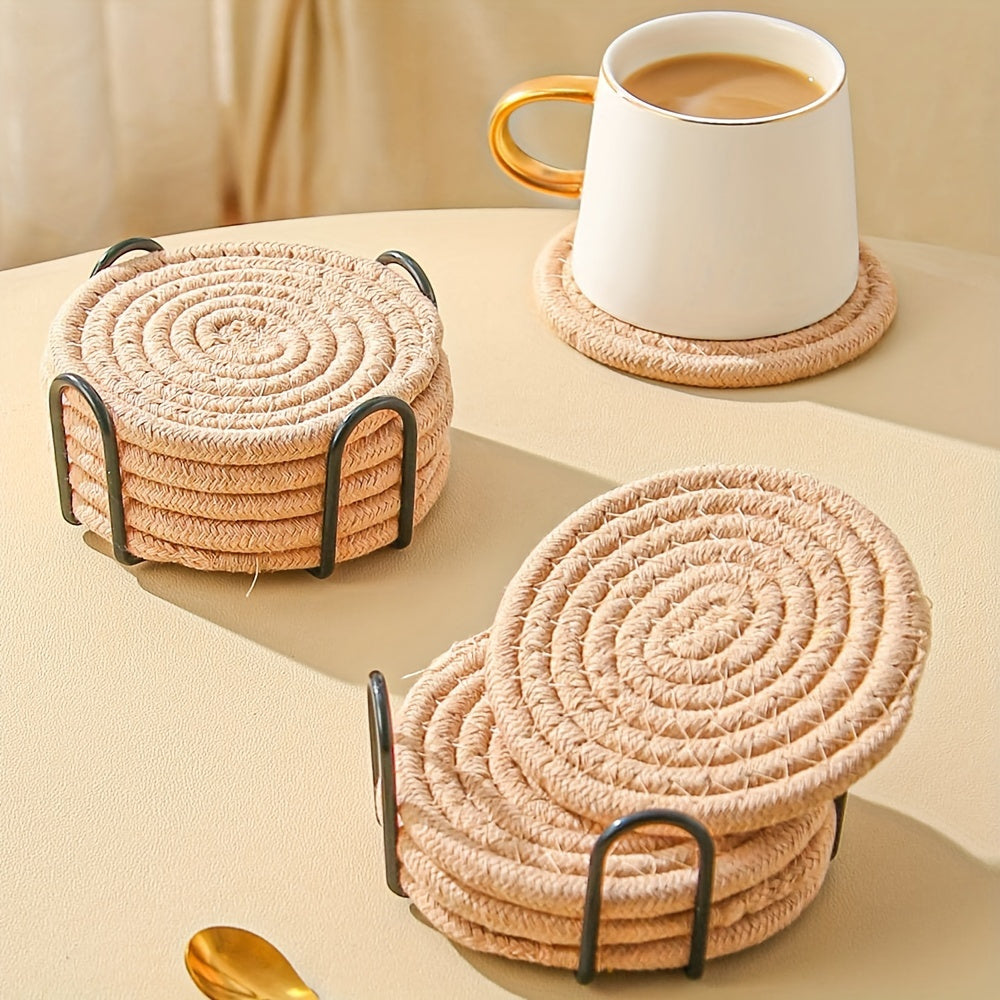 Set of 6 Handwoven Brown Table Mats & Coasters - Kitchen and Dining Accessories, Non-Slip and Heat-Resistant