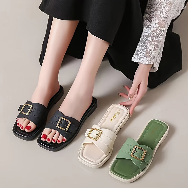 Women's slide sandals with buckle strap design, square open toe, and lightweight construction.