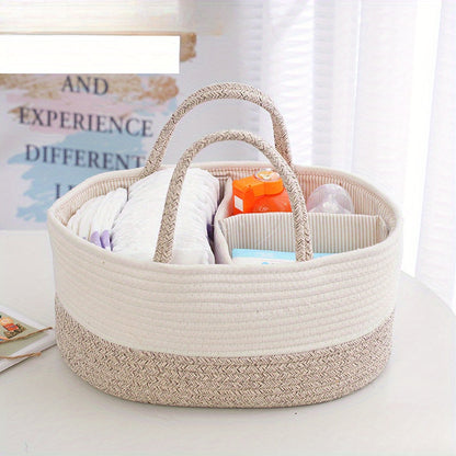 European-style woven storage basket with viewing window, ideal for organizing diapers, toys, and home essentials. Portable and versatile design for home organization needs.