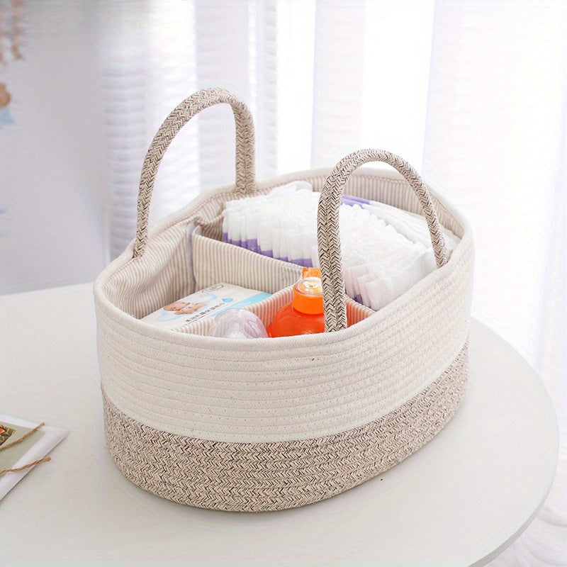 European-style woven storage basket with viewing window, ideal for organizing diapers, toys, and home essentials. Portable and versatile design for home organization needs.