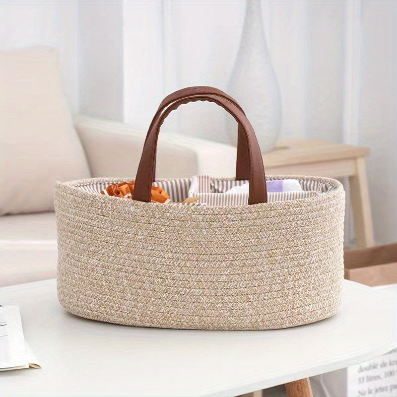 European-style woven storage basket with viewing window, ideal for organizing diapers, toys, and home essentials. Portable and versatile design for home organization needs.