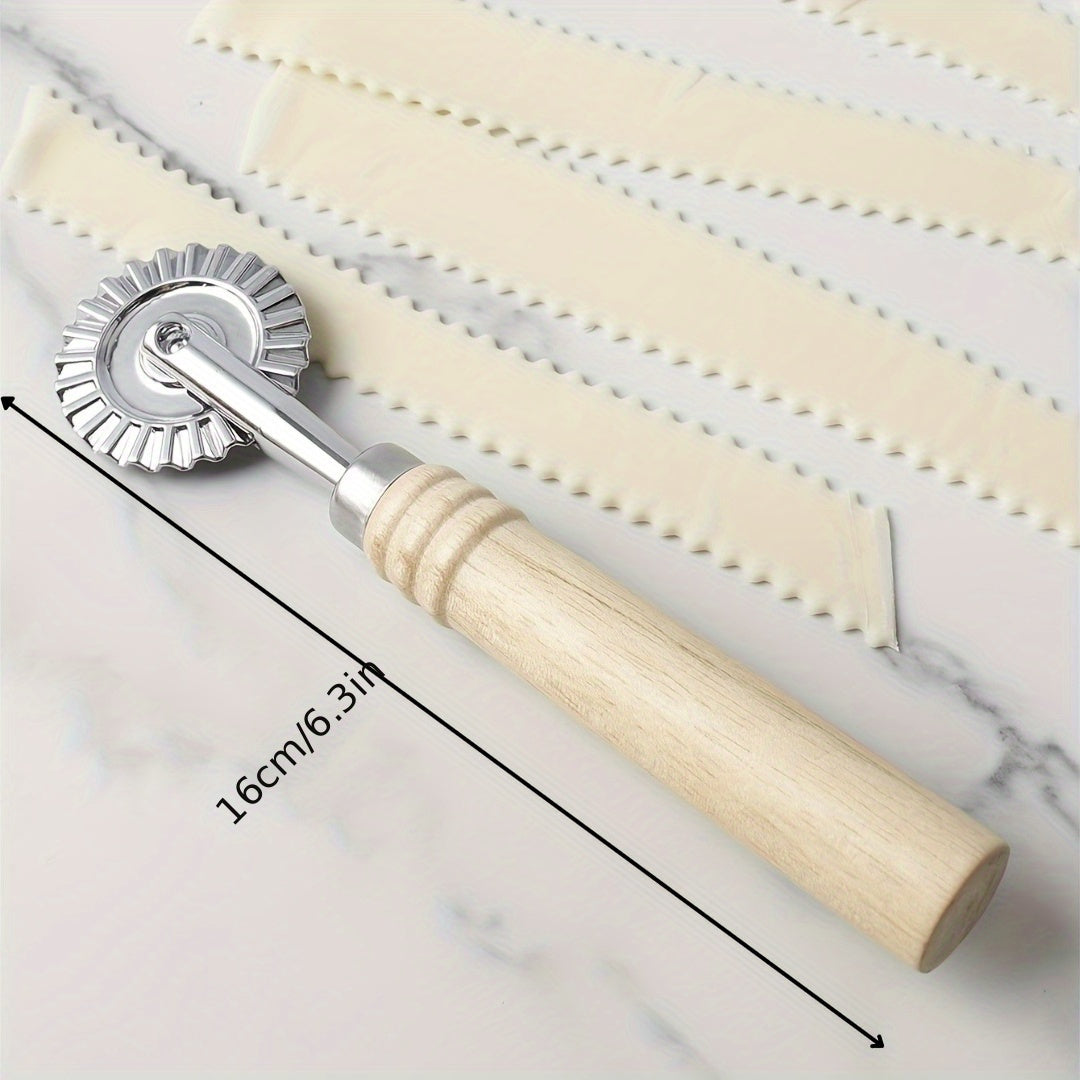 Premium pasta and ravioli cutter with long wooden handle, made of durable zinc alloy with a polished metal finish, safe for home kitchen use.